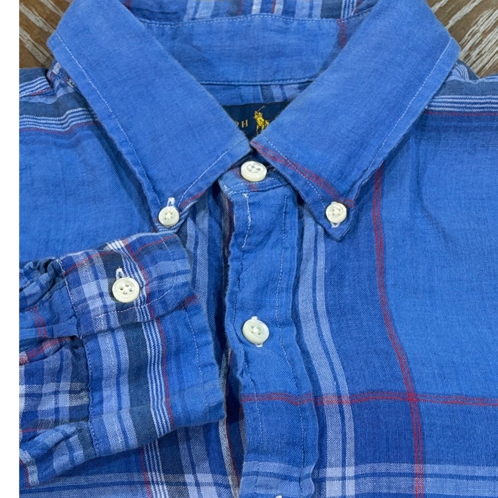 Ralph Lauren Mens Blue Plaid Linen Blend Untucked Fit Button Down Shirt Large